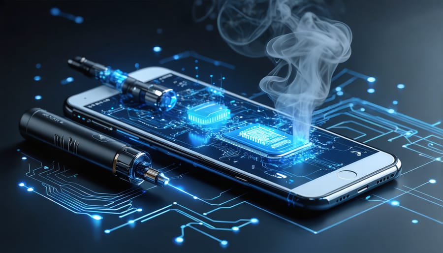 Conceptual illustration of a modern vaping device connected to a smartphone, symbolizing software integration with elements of data flow and security.