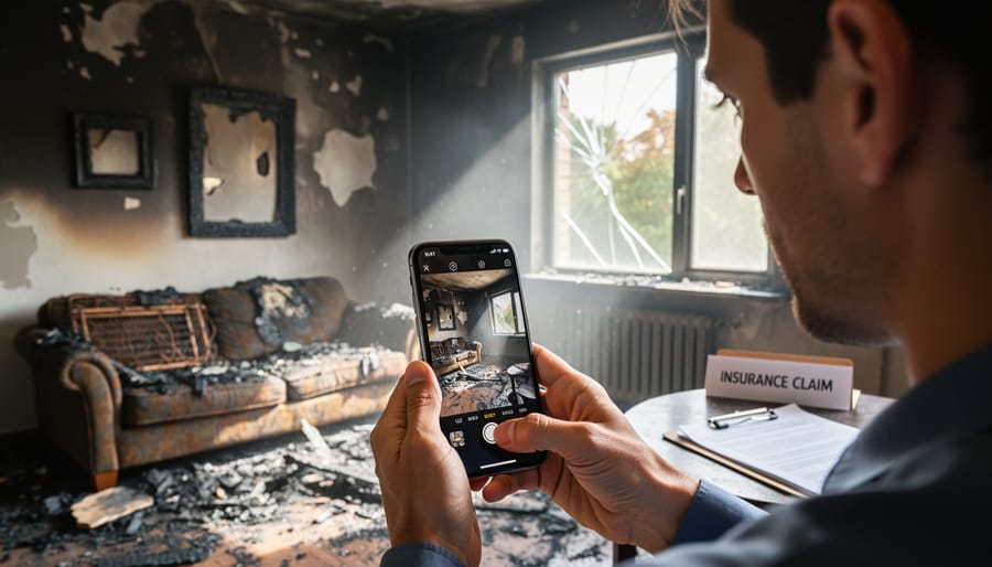 Homeowner using smartphone to photograph fire-damaged interior walls