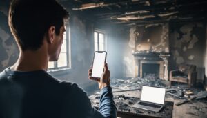 Over-the-shoulder eye-level view of a person using a smartphone to photograph a smoke-damaged living room, with charred walls, scattered debris, and an open laptop on a table showing an abstract, text-free interface in soft daylight haze.