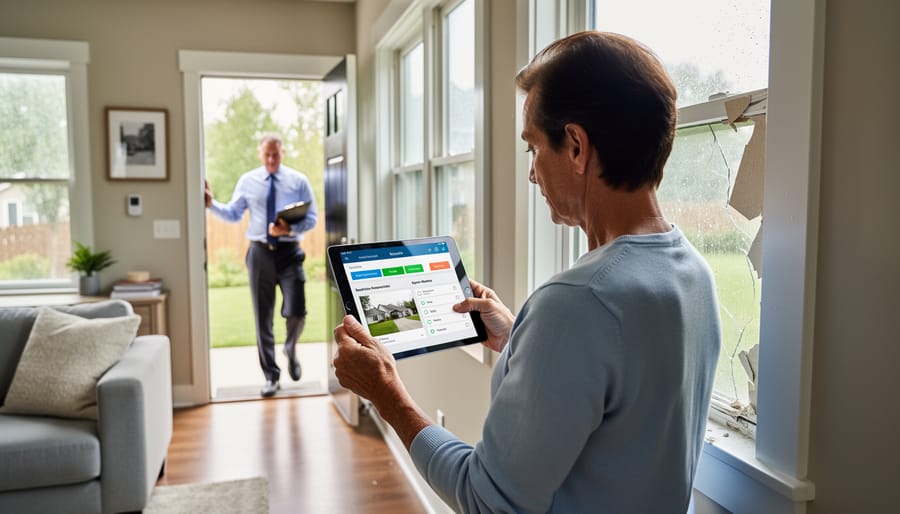 Insurance adjuster and homeowner reviewing digital damage assessment on tablet in fire-damaged home