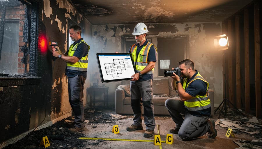 Restoration professional using tablet to document fire damage during structural inspection