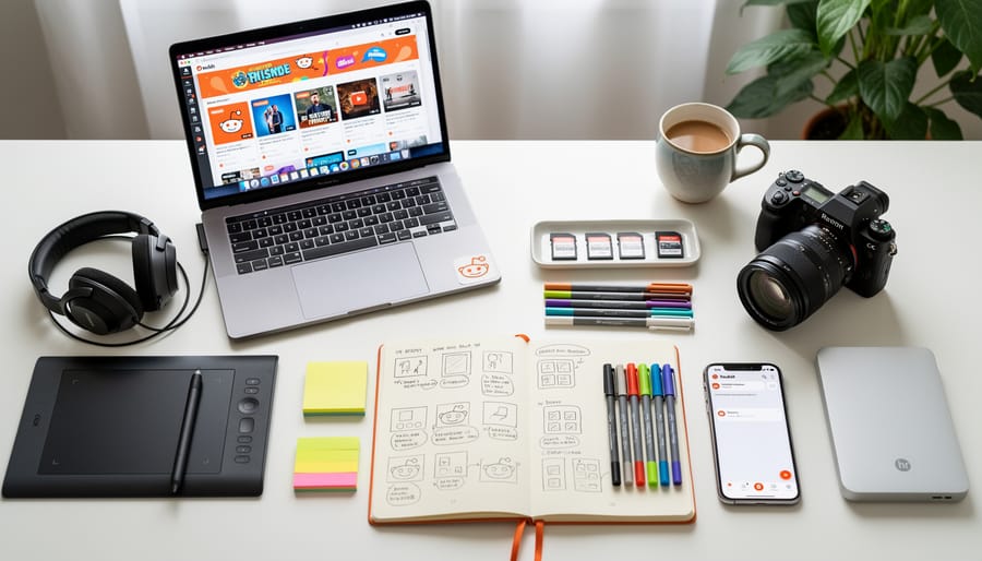 Overhead view of a prepared desk with blank content cards and design tools for creating graphics.