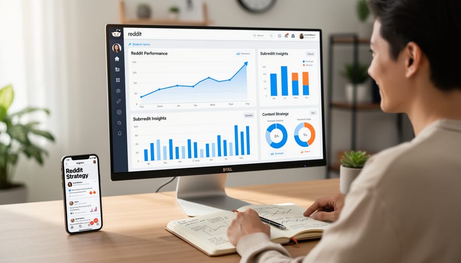 Person reviewing performance on a tablet with abstract, non-text charts and a blank checklist.