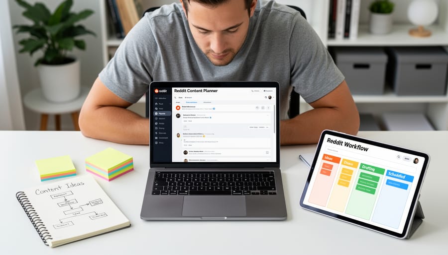 Small business owner working at a desk with laptop, smartphone, and notebook for planning Reddit content.