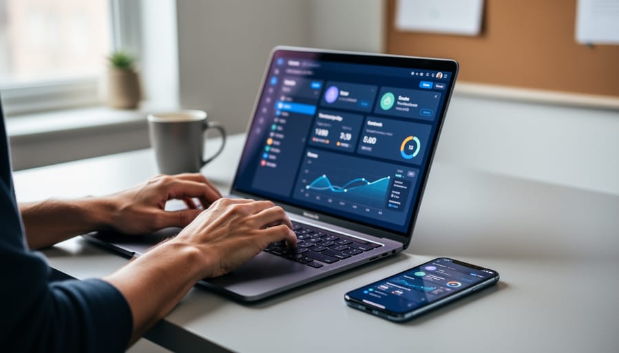Small business owner using a laptop and smartphone in a home office while Reddit management tools are represented through unobtrusive, non-text icons on screen.